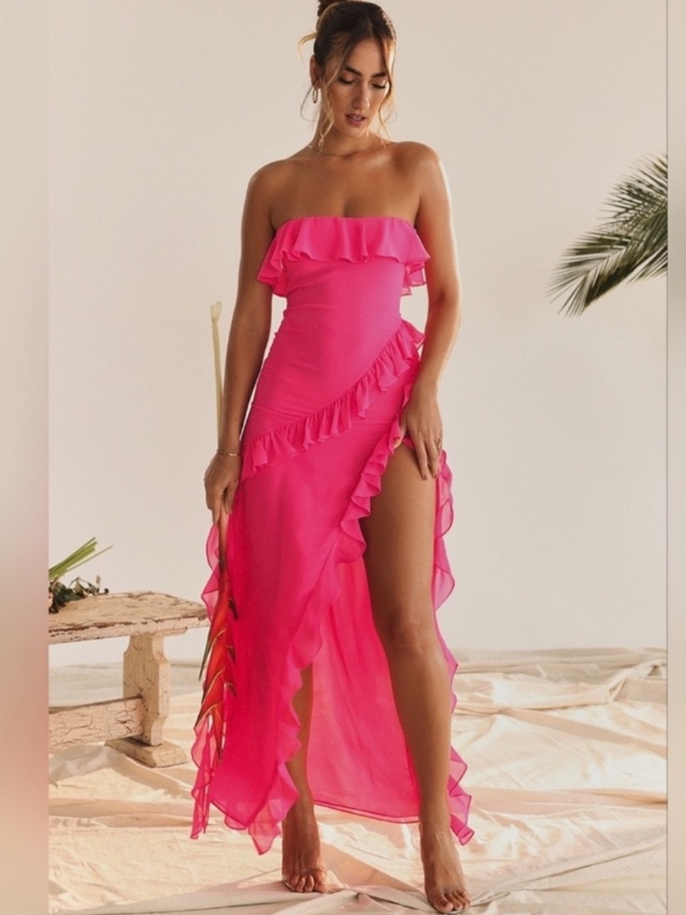 House of CB Sarina Ruffle Maxi Dress in Fuchsia Pink Size Small